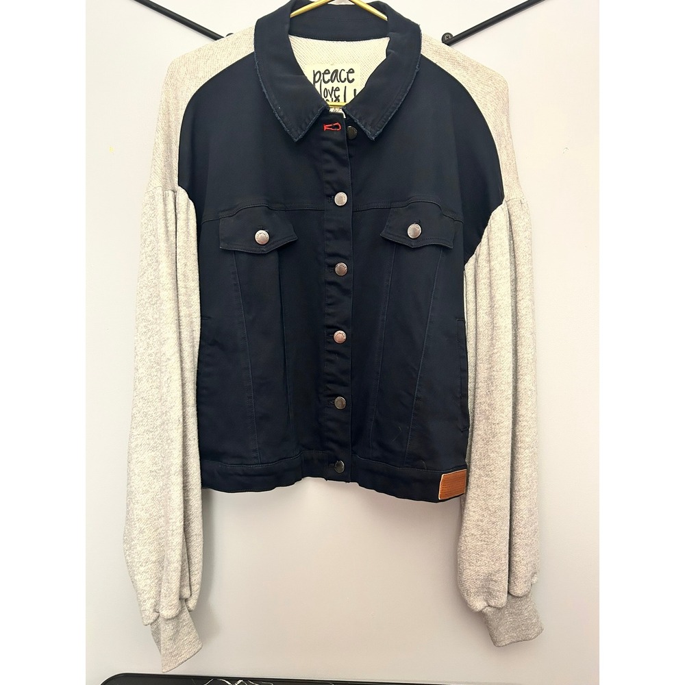 Peace Love World Mixed Media Jacket Black Denim Heather Grey Balloon Sleeve L